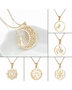 Daily Style Minimalism Hollow Out Round Moon Flower Pendent Titanium Steel Necklace CA07831185
