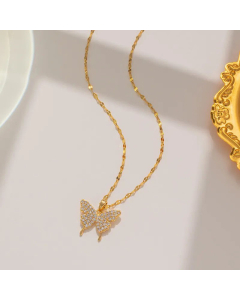 Sweet Eleagant Full Diamond Butterfly Titanium Steel Rhinestones Pendant Necklace CA07831195