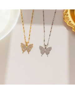 Sweet Eleagant Full Diamond Butterfly Titanium Steel Rhinestones Pendant Necklace CA07831195