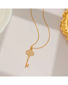 Basic 18K Gold Plated Key Titanium Steel Zircon Inlaid Pendant Necklace CA07831197