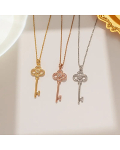Basic 18K Gold Plated Key Titanium Steel Zircon Inlaid Pendant Necklace CA07831197