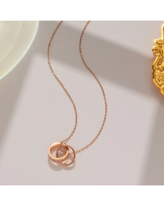 Rose Gold Color Classic Style Two Circle Interlocking Rhinestones Inlaid Pendant Titanium Steel Necklace CA07831199