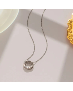 Steel Color Classic Style Two Circle Interlocking Rhinestones Inlaid Pendant Titanium Steel Necklace CA07831199