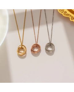 Classic Style Two Circle Interlocking Rhinestones Inlaid Pendant Titanium Steel Necklace CA07831199