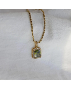 Classic Style Minimalism Green Zircon Inlaid Square Pendent Titanium Steel Necklace CA07831228