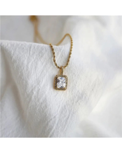 Classic Style Minimalism White Zircon Inlaid Square Pendent Titanium Steel Necklace CA07831228