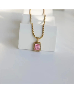 Classic Style Minimalism Pink Zircon Inlaid Square Pendent Titanium Steel Necklace CA07831228