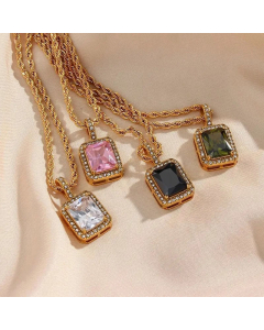 Classic Style Minimalism Zircon Inlaid Square Pendent Titanium Steel Necklace CA07831228
