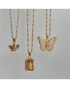 British Style Square Butterfly Angel Titanium Steel 18K Gold Plated Artificial Gemstones Pendant Necklace CA07831236