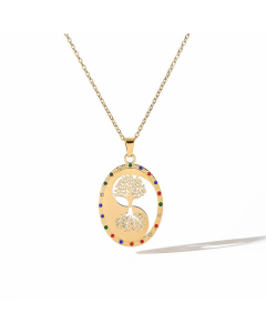 Colorza Jewelry Oval Tree Of Life Titanium Steel 18K Gold Plated Zircon Pendant Necklace CA07831249