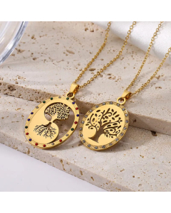 Colorza Jewelry Oval Tree Of Life Titanium Steel 18K Gold Plated Zircon Pendant Necklace CA07831249
