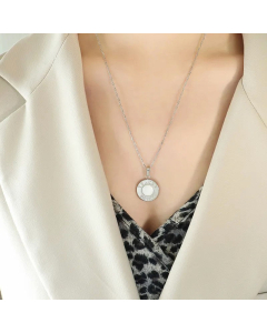 Korean Style Round Titanium Steel 18K Gold Plated Opal Shell Pendant Necklace Wholesale CA07831253-Steel Color-White