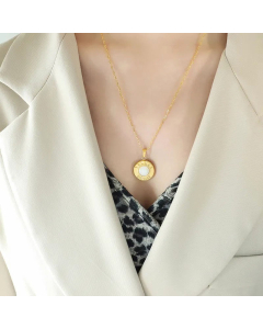 Korean Style Round Titanium Steel 18K Gold Plated Opal Shell Pendant Necklace Wholesale CA07831253-Gold Color-White