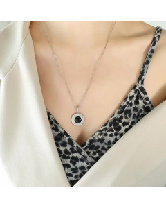 Korean Style Round Titanium Steel 18K Gold Plated Opal Shell Pendant Necklace Wholesale CA07831253-Steel Color-Black