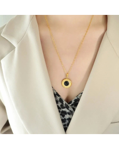 Korean Style Round Titanium Steel 18K Gold Plated Opal Shell Pendant Necklace Wholesale CA07831253-Gold Color-Black