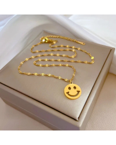 Cute Round Smiley Face Pendant Titanium Steel Gold Plated Necklace CA07831286