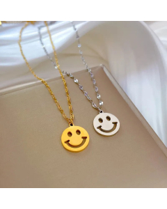 Cute Round Smiley Face Pendant Titanium Steel Gold Plated Necklace CA07831286
