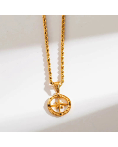INS Style Round Compass Stainless Steel 14K Gold Plated Zircon Pendant Necklace Wholesale CA07831307