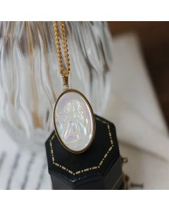 French Style Oval Angel Plating Inlay Shell Pendant Titanium Steel Necklace 1 Piece CA07831313