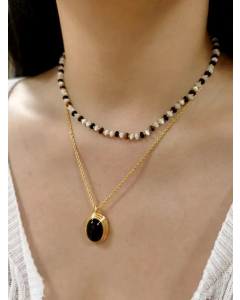 Baroque Style 18K Gold Plated Agate Oval Pendent Stainless Steel Beaded Chain Necklace CA07831323