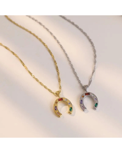 Minimalism Streetwear Horseshoe Colorful Zircon Inlaid Pendent Titanium Steel Necklace CA07831327