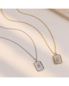 Micro Inlaid Rhinestone Rectangle Shell Pendant Titanium Steel Necklace CA07831330