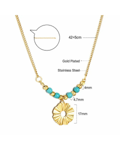 Wholesale Retro Flower Stainless Steel Titanium Steel Gold Plated Turquoise Beads Pendant Necklace