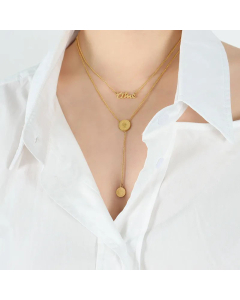 French Style Elegant Round Portrait Letter Titanium Steel 18K Gold Plated Layered Necklaces CA07831356