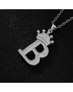 Elegant Letter B Crown Zircon Inlaid Stainless Steel Pendant Necklace CA07831375