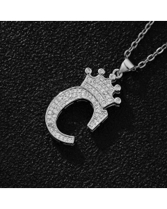Elegant Letter C Crown Zircon Inlaid Stainless Steel Pendant Necklace CA07831375