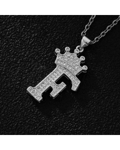 Elegant Letter F Crown Zircon Inlaid Stainless Steel Pendant Necklace CA07831375