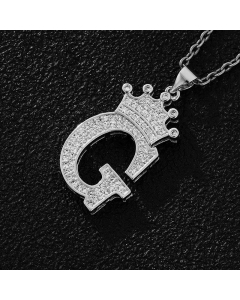 Elegant Letter G Crown Zircon Inlaid Stainless Steel Pendant Necklace CA07831375