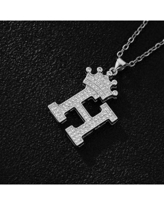 Elegant Letter H Crown Zircon Inlaid Stainless Steel Pendant Necklace CA07831375