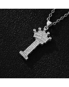 Elegant Letter I Crown Zircon Inlaid Stainless Steel Pendant Necklace CA07831375