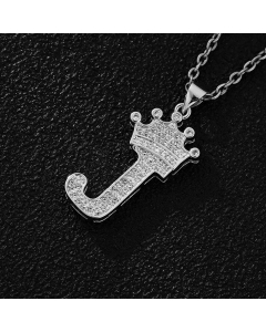 Elegant Letter J Crown Zircon Inlaid Stainless Steel Pendant Necklace CA07831375