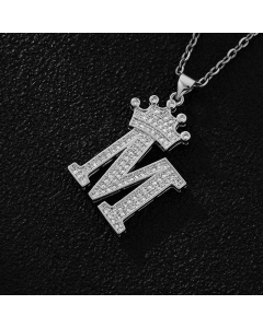 Elegant Letter M Crown Zircon Inlaid Stainless Steel Pendant Necklace CA07831375
