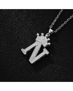 Elegant Letter N Crown Zircon Inlaid Stainless Steel Pendant Necklace CA07831375
