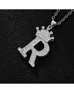 Elegant Letter R Crown Zircon Inlaid Stainless Steel Pendant Necklace CA07831375