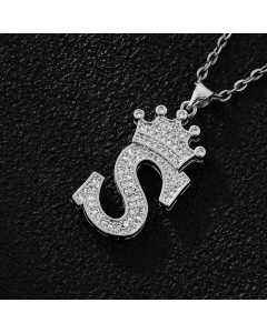 Elegant Letter S Crown Zircon Inlaid Stainless Steel Pendant Necklace CA07831375