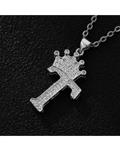 Elegant Letter T Crown Zircon Inlaid Stainless Steel Pendant Necklace CA07831375