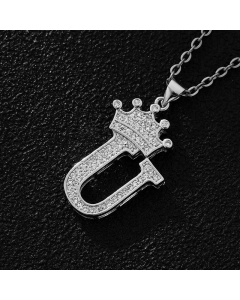 Elegant Letter U Crown Zircon Inlaid Stainless Steel Pendant Necklace CA07831375