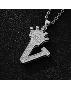 Elegant Letter V Crown Zircon Inlaid Stainless Steel Pendant Necklace CA07831375