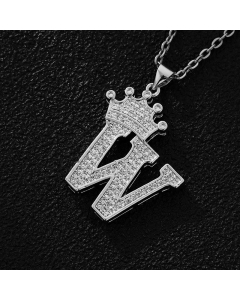 Elegant Letter W Crown Zircon Inlaid Stainless Steel Pendant Necklace CA07831375