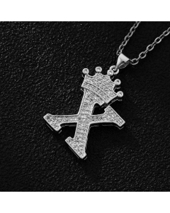 Elegant Letter X Crown Zircon Inlaid Stainless Steel Pendant Necklace CA07831375