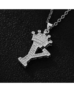 Elegant Letter Y Crown Zircon Inlaid Stainless Steel Pendant Necklace CA07831375