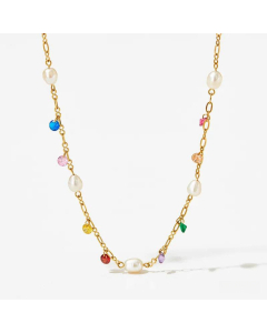 Vacation Pearl Crystals Clavicle Chain Necklace Stainless Steel Titanium Steel Necklace CA07831382-Gold Color-01