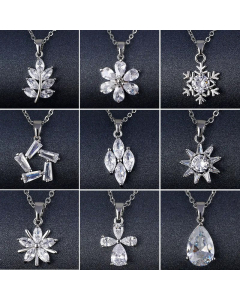 French Style Peacock Leaves Sector Snowflake Stainless Steel Plated Zircon Pendant Necklace