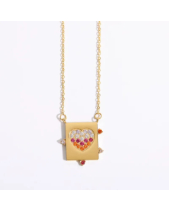 Colorful Crystals Heart Cross Stainless Steel Square Plate Necklace18K Gold Plated Zircon Pendant Necklace-Gold Color-01