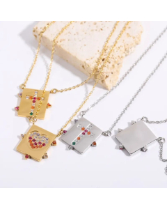 Colorful Crystals Heart Cross Stainless Steel Square Plate Necklace18K Gold Plated Zircon Pendant Necklace