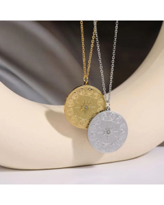Retro Round Constellation Stainless Steel 18K Gold Plated Zircon Pendant Necklace CA07831396